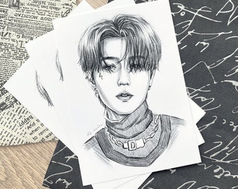 Stray Kids Han (Jisung) Turtleneck - Pencil Sketch A6 Art Print (Painting, K-Pop, Gift, SKZ)