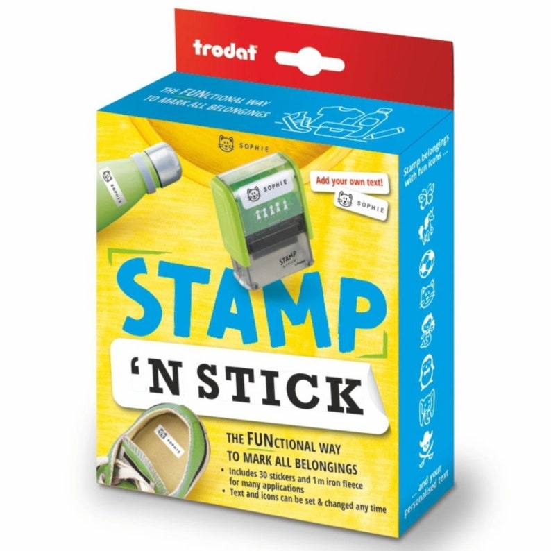 May include: A green and white self-inking stamp with the word "SOPHIE" printed on it. The stamp is in a box with the words "STAMP &lsquo;N STICK" printed on it. The box also includes a water bottle, a shoe, and a variety of stickers.
