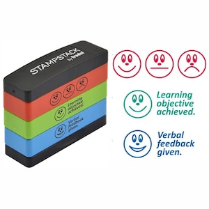 May include: A set of four colourful, stackable stamps with different smiley faces. Each stamp has a different message: "Learning objective achieved", "Verbal feedback given", "Learning objective achieved", and "Verbal feedback given".