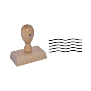May include: Wooden stamp with a handle and a rectangular base. The stamp features a design of five wavy lines.
