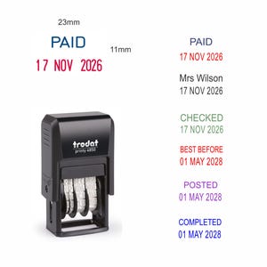 May include: A black Trodat printy 4850 stamp with the word "PAID" and the date "17 NOV 2026" in red. Other text includes "CHECKED", "BEST BEFORE", "POSTED", and "COMPLETED" with corresponding dates.