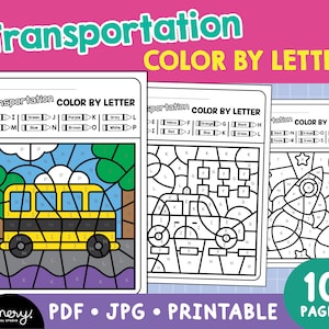 Hojas de trabajo de color por letra de transporte, hojas de trabajo de color por código del alfabeto, reconocimiento de letras