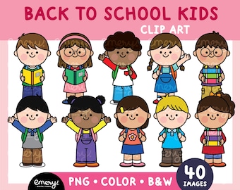 Clipart de crianças em idade escolar, crianças do jardim de infância com mochilas (Download digital)