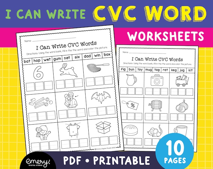 Phonics Worksheets CVC Write the Words for Kindergarten and First Grade ...