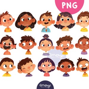 Cartoon Kids Clip Art, Cute Kids with Different Emotions, Children's Faces, Boys and Girls Avatars, Cute Kids Clip Art, Crayon Style, 15 PNG