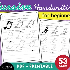May include: Two printable worksheets for cursive handwriting practice for beginners. The first worksheet features the letter "D" and the second worksheet features the letter "b". Each worksheet has a section for tracing the letter, a section for practicing writing the letter on dashed lines, and a section for writing the letter on blank lines.