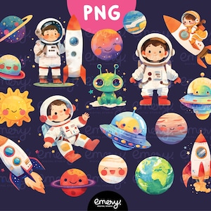 Outer Space Clipart, Astronaut Clipart, Spaceship Clipart, Kids Clipart, Cartoon Kids Classroom Activities, Clipart for School, 18 PNGs