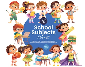 Schulfächer Clipart: Lehrmittel PNG (Digitaler Download, 12 Illustrationen)