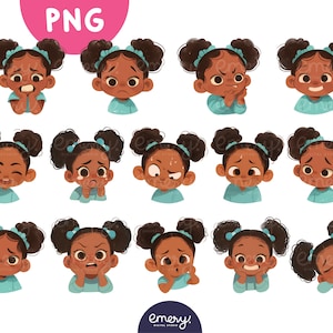 Süße afrikanische Mädchen Clipart, Aquarell PNG, Kinder mit verschiedenen Emotionen, glücklich, traurig, weinen, wütend, Scrapbooking, Basteln, Lehrmittel