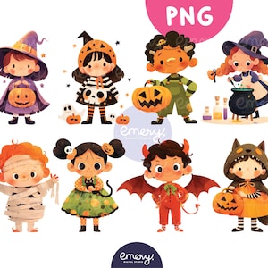 Lindo clipart de Halloween, clipart de Halloween para niños, dibujos animados de Halloween para niños, clip art para la escuela, ilustración para niños, 8 archivos PNG