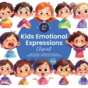 Pode incluir: Um conjunto de cliparts digitais com 12 crianças de desenhos animados com várias expressões emocionais. As crianças têm diferentes tons de pele, cores de cabelo e roupas. A imagem inclui o texto "Kids Emotional Expressions Clipart".