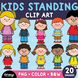 Bambini in piedi Clip Art - File PNG, Grafica educativa per bambini, Clipart di bambini dei cartoni animati, Clipart di bambini della scuola, Ragazza, Ragazzo, 20 PNG