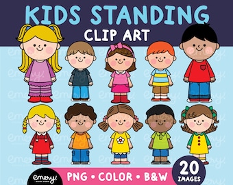 Cartoon Kids Clipart, Standing Boys and Girls (PNG Digital Download)