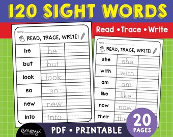 120 Sight Word Worksheets, Read Trace and Write Sight Words, Kindergarten Sight Word Worksheets, 1st Grade Handwriting Activities
