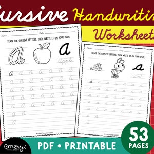Può includere: Due fogli di lavoro stampabili in bianco e nero per esercitarsi nella scrittura corsiva. Il primo foglio di lavoro presenta la lettera 'a' e una mela. Il secondo foglio di lavoro presenta la lettera 'a' e una formica. Entrambi i fogli di lavoro hanno il testo 'TRACE THE CURSIVE LETTERS. THEN WRITE IT ON YOUR OWN.'