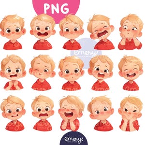 Joli petit garçon avec différentes émotions, ensemble de cliparts PNG aquarelle, visages heureux, tristes, qui pleurent, dessin animé pour enfants pour travaux manuels et ressources pédagogiques