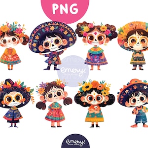 Dia De Los Muertos Png, Halloween Clipart, Mexican Halloween Png, Day of the Dead Cute Characters, Halloween Kids Png, Cartoon Kids, 8 Png