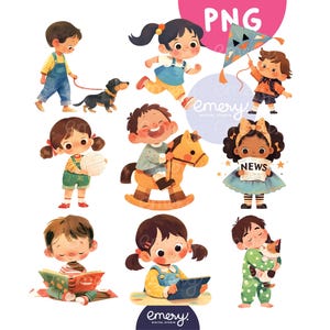 Actividades de dibujos animados para niños, imágenes prediseñadas de niños lindos, niños haciendo diferentes actividades, imágenes prediseñadas para la escuela, ilustración para niños, personajes PNG, 9 PNG