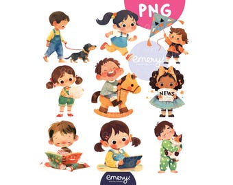 Cartoon Kids Activities, Cute Kids Clipart, Kids doing Different Activities, Clip Art for School, Kids Illustration, Characters PNG, 9 PNG