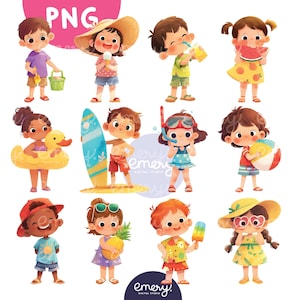 Letnie Dzieci Clipart PNG – Kreskówkowe Szczęśliwe Dzieci, Zabawa na Plaży, Clipart do Klasy, Clipart dla Nauczycieli – Cyfrowe Pobieranie do Rzemiosła i Dekoracji