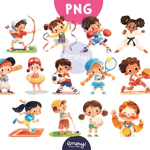 Dibujos animados de actividades deportivas para niños, íconos deportivos para manualidades y proyectos infantiles, imágenes prediseñadas para la escuela, ilustraciones para niños, 13 imágenes prediseñadas PNG