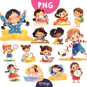 Tägliche Routine Aktivitäten von niedlichen Mädchen, tägliche Routine Clipart, Kinder Clipart, niedliche Kindergarten-Kinder, Kinder Illustrationen, 14 PNG Clipart