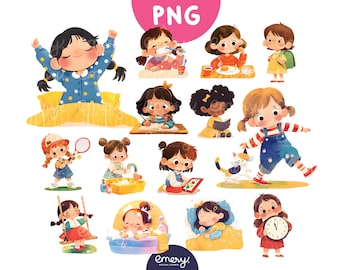 Cute Girl Daily Routine Clipart – PNG Illustrations of Kids’ Activities, Kindergarten Children, Perfect for Teachers, Planners & Crafts