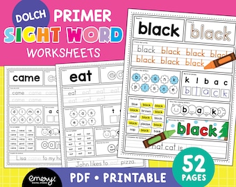 Kindergarten Dolch Sight Word Worksheets, Primer Sight Words, 52 Sight Words Activity