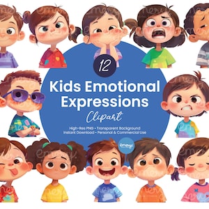 Puede incluir: Un conjunto de imágenes prediseñadas digitales con 12 niños de dibujos animados con diversas expresiones emocionales. Los niños muestran una variedad de emociones, incluyendo felicidad, ira y tristeza. El texto "Kids Emotional Expressions Clipart" está presente.