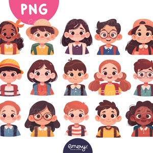 Colección de imágenes prediseñadas de niños que llevan una mochila, imágenes prediseñadas de niños y niñas, PNG, niños de dibujos animados, conjunto de niños felices, ilustraciones de regreso a la escuela