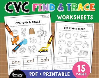 Hojas de trabajo para buscar y rastrear palabras CVC, actividades fonéticas (PDF)