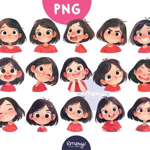 Cute Little Girl with Different Emotions, PNG Clip Art, Kids Emotion Clip Art Png, Watercolor Kids Clipart, Collection of Cartoon Kids