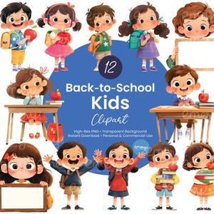 Clipart de regreso a clases para niños: conjunto de imágenes PNG de adorables compañeros de clase para maestros, hojas de trabajo, decoración del aula, recursos escolares, clipart de niños felices