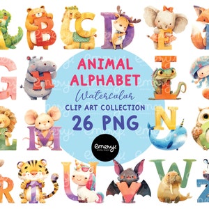 Clipart alphabet animaux mignons, lettres pour enfants, animaux ABC pour enfants, clipart ABC mignon, polices animaux aquarelle, 26 PNG