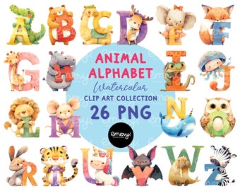Cute Watercolor Animal Alphabet Clipart, A-Z Letters (PNG)