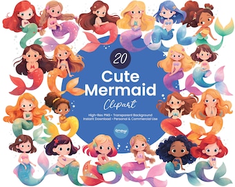 May include: A digital illustration featuring 20 cute mermaid clipart images. Each mermaid has unique hair and tail colors, including red, blonde, blue, and purple. The text "20 Cute Mermaid Clipart" is displayed on a blue background.