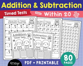 May include: Black and white printable worksheets for addition and subtraction timed tests. The worksheets feature cartoon characters and include problems for numbers within 20. There are 80 pages in total.