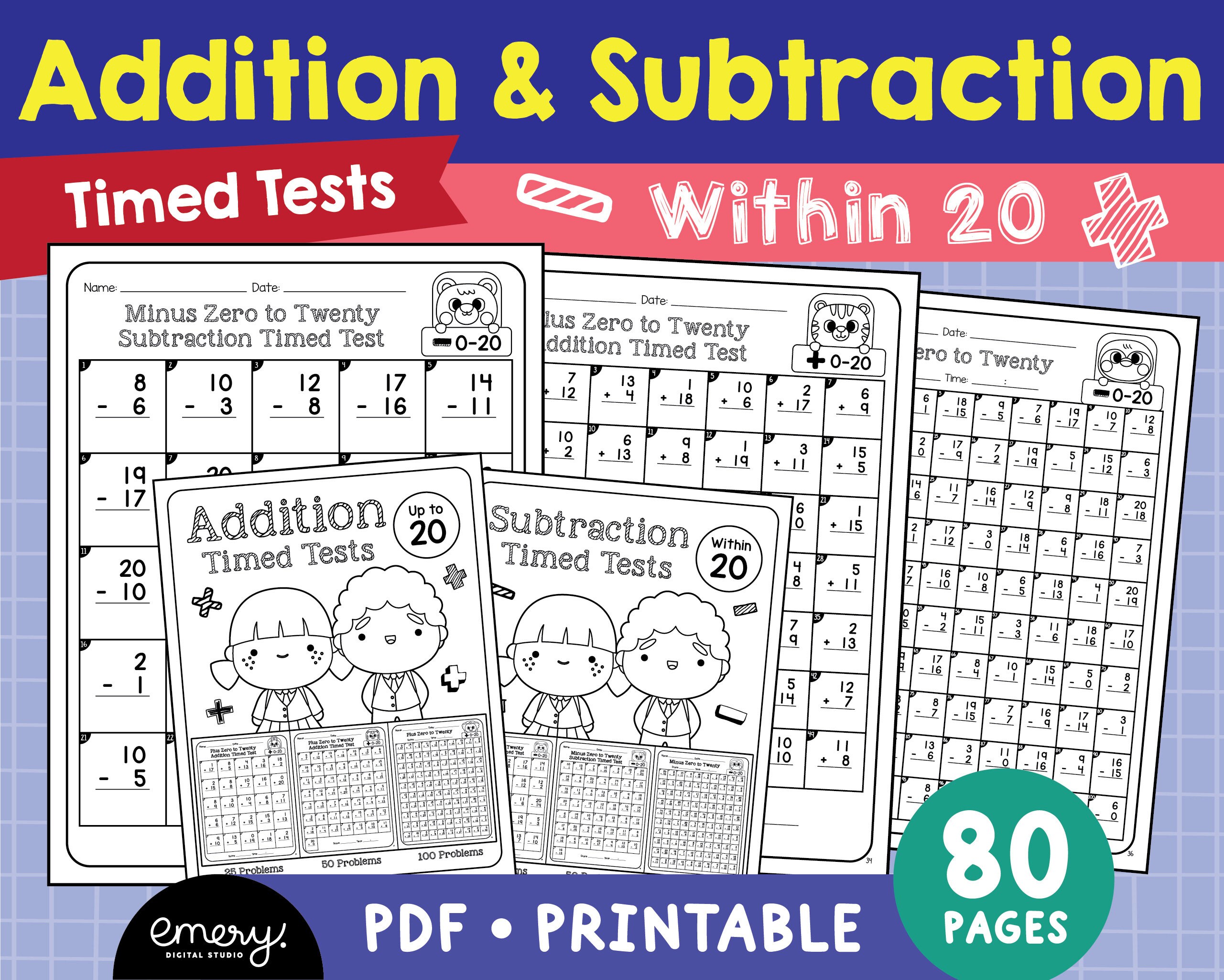 Addition & Subtraction Timed Test Worksheets, Math Facts, Math ...