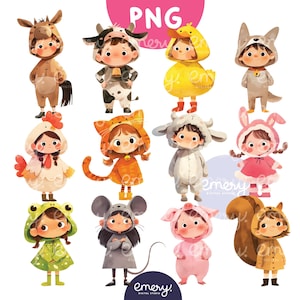 Animales de granja PNG, Niños con disfraces de animales Clipart, Mascota para niños, Clipart para decoración de guardería, Arte de animales lindos, Clip Art para la escuela