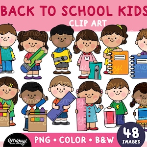 Back to School Kids Clipart, Kids with Stationery Clipart, Classroom Decor Clipart, School Day Clipart, Student Clipart, Happy Kids PNG