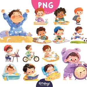 Clipart de rutina diaria, actividades de rutina diaria de un niño lindo, clipart para niños, lindos niños de jardín de infantes, ilustraciones para niños, 14 clipart PNG