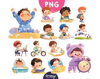 Boy's Daily Routine Clipart, Kids Activities Illustrations (PNG)