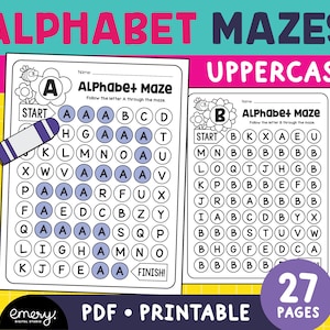 Hojas de trabajo de laberinto del alfabeto, actividad de la A a la Z en mayúsculas, reconocimiento de letras, hojas de trabajo de marcador de puntos ABC para preescolar y jardín de infantes