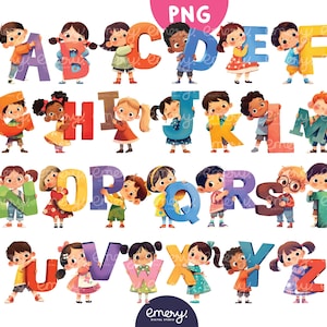 Alphabet Kinder Großbuchstaben Clip Art, A-Z Kinder Clip Art, Kinder halten Buchstaben, Kinder ABC Clipart, Schulanfang, ABC druckbare Kunst, PNG