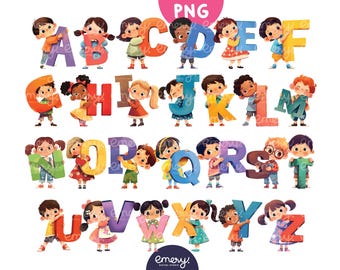 Kids Holding ABC Letters Clipart, A-Z Alphabet (PNG Digital Download)