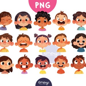 Collection of Cartoon Kids Clipart, Cute Kid with Different Emotions, Children’s Faces, Boys and Girls Avatars, Cute Kids Clip Art, 15 PNGs