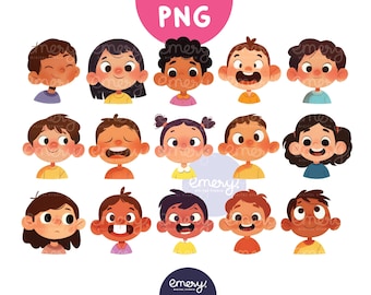 Collection of Cartoon Kids Clipart, Cute Kid with Different Emotions, Children’s Faces, Boys and Girls Avatars, Cute Kids Clip Art, 15 PNGs