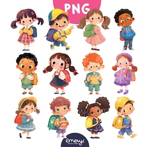 Crianças com mochila clipart, crianças do jardim de infância, mochilas infantis fofas, crianças fofas da escola, volta às aulas PNG, crianças vão para a escola, 12 PNGs