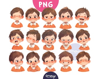 Cute Little Boy with Different Emotions, PNG Clip Art, Watercolor Kids Clipart, Collection of Cartoon Kids, Kindergarten Kids PNG, 15 PNG