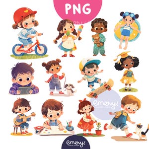 Actividades infantiles de dibujos animados, actividades diarias para niños, lindas ilustraciones para niños, imágenes prediseñadas para la escuela, imágenes prediseñadas para niños, 12 imágenes prediseñadas PNG, personajes PNG